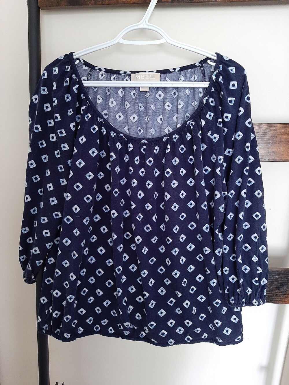 Michael Kors Navy and Light Blue Geometric Scoop Neck Blouse